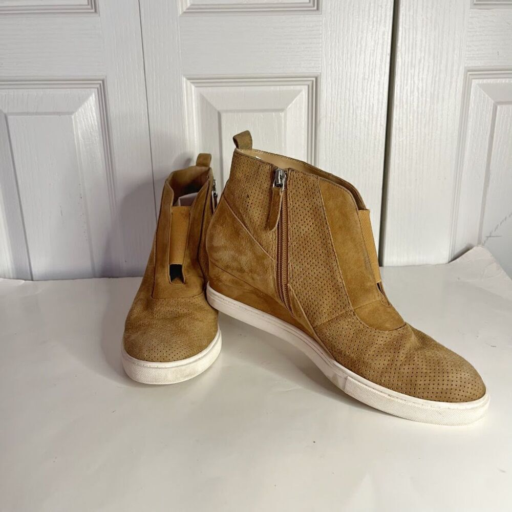 Linea Paolo Anna Leather Perf Elastic Suede Wedge Zip Slip On Sneaker Boots